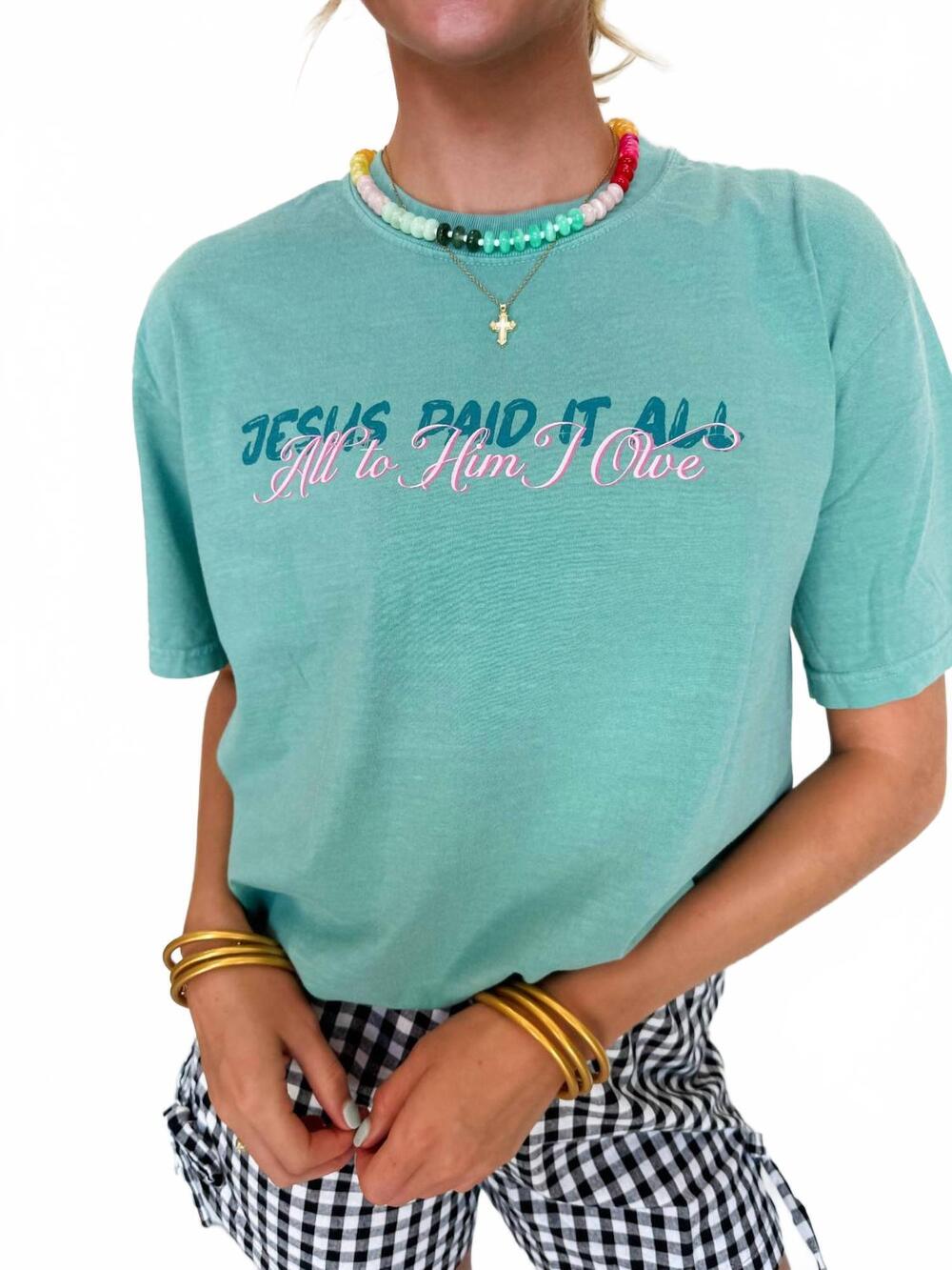 NEW PIERCE + PINE jesus paid it all short sleeve tee in seafoam